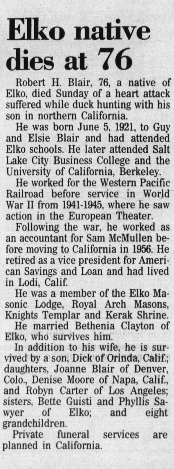 Obituary for Robert H. Blair (Aged 76)